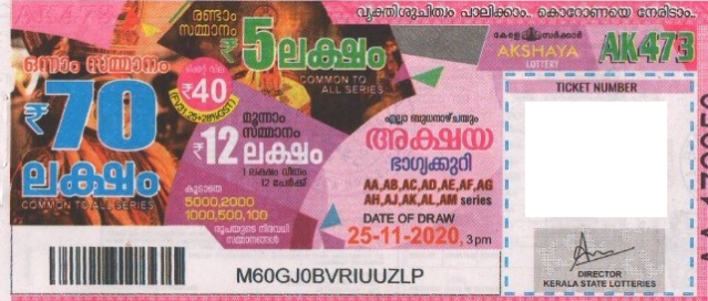 Akshaya Weekly Lottery AK-473 25.11.2020