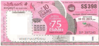 Sthree sakthi Weekly Lottery SS-398 16.01.2024