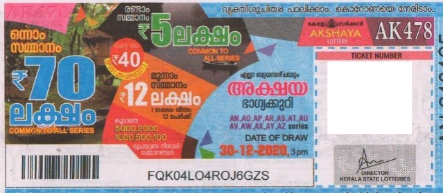 Akshaya Weekly Lottery AK-478 30.12.2020