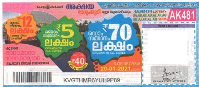 Akshaya Weekly Lottery AK-481 20.01.2021