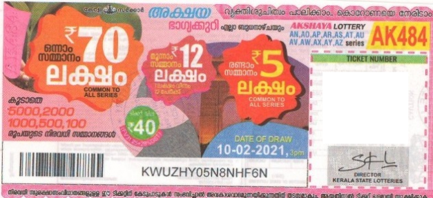 Akshaya Weekly Lottery AK-484 10.02.2021