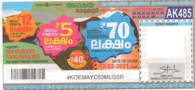 Akshaya Weekly Lottery AK-485 17.02.2021