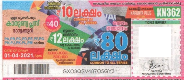 Karunya plus Weekly Lottery KN-362 01.04.2021