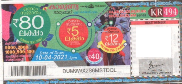 Karunya Weekly Lottery KR-494 10.04.2021