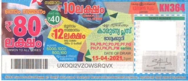 Karunya plus Weekly Lottery KN-364 15.04.2021