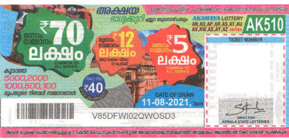Akshaya Weekly Lottery AK-510 11.08.2021