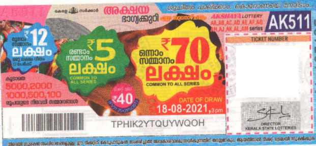 Akshaya Weekly Lottery AK-511 18.08.2021