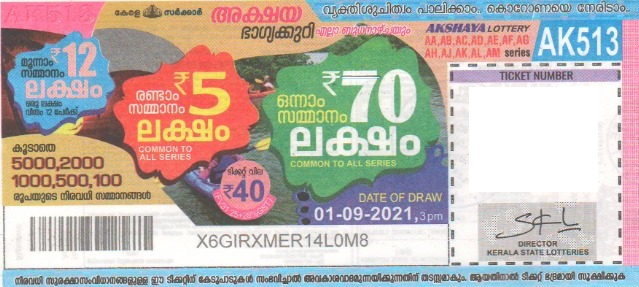 Akshaya Weekly Lottery held on 01.09.2021