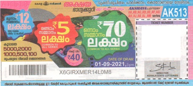 Akshaya Weekly Lottery AK-513 01.09.2021