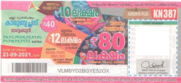 Karunya plus Weekly Lottery KN-387 23.09.2021
