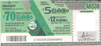 Akshaya Weekly Lottery AK-538 02.03.2022