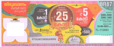 Thiruvonam Bumper Lottery BR-87 18.09.2022