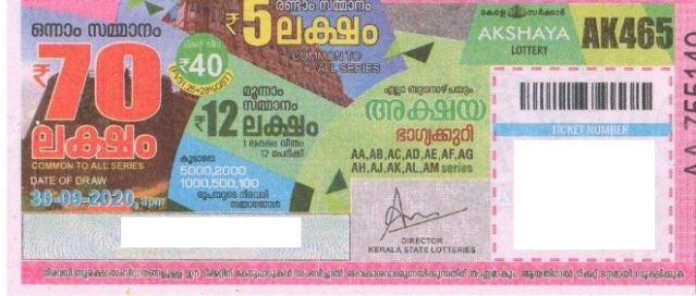 Akshaya Weekly Lottery AK-465 30.09.2020